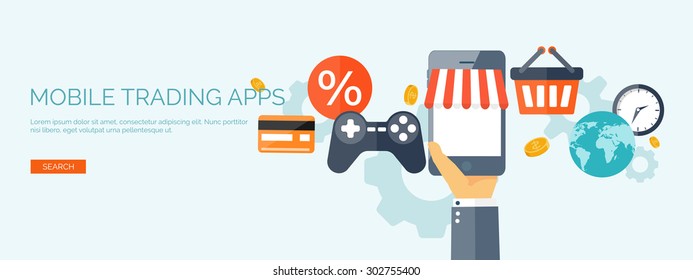 Flat web shopping background. Internet store. Online shop. E-commerce and virtual trade.