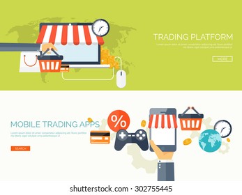 Flat web shopping background. Internet store. Online shop. E-commerce and virtual trade.