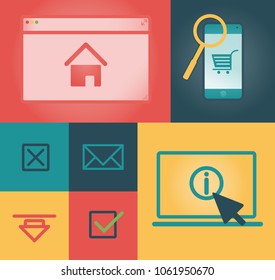 Flat web shopping and communication icons on different color backgrounds