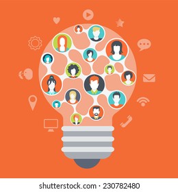 Flat web style modern infographics social media people network connections concept. Light bulb shape idea symbol consists of every creative team member mind. Website icons around connected profiles.