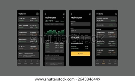 Flat web UI design elements set with navigation templates, buttons, forms, and icons for Share market Profit and Loss Stock website and app interfaces. Dark background Design.