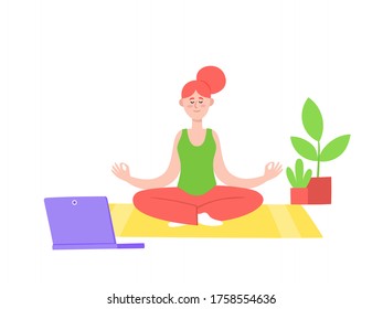 ilustración vectorial web plana del yoga en línea con la chica en meditación posa haciendo ejercicios físicos y viendo clases en línea a través de tablet o laptop.