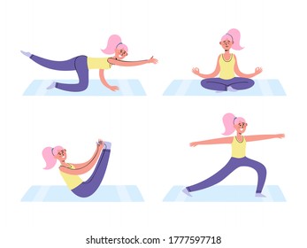 Flat web vector set of athletic female character exercising fitness at home, woman doing physical exercise, sport healthy lifestyle concept