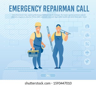 Flat Webpage Banner Advertises Professional Repairman Help. Emergency Home Master Call. Smiling Male Team Characters in Uniform with Repair Tools and Equipment. Vector Cartoon Illustration