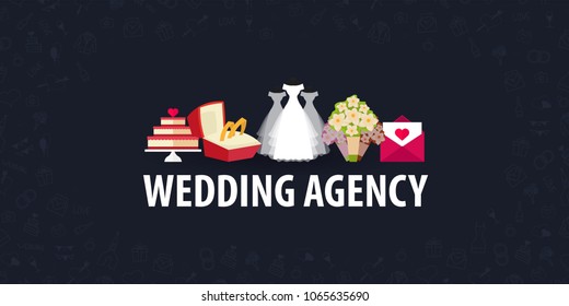 Flat Wedding agency banner with hand draw doodle on a background. Vector illustration