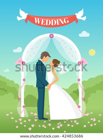 Flat wedding composition two people who are married and on the lawn and doves holding ribbon vector illustration