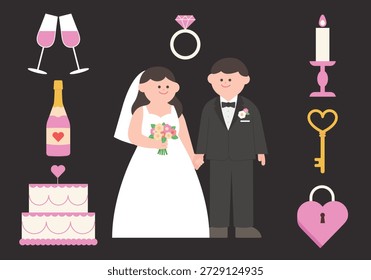 Flat Wedding Couple Illustration Set for Newlywed Shopping and Marriage Event Promotion
