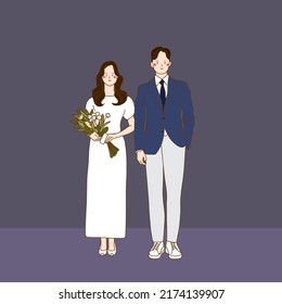 Flat Wedding Couple Photoshoot Hand Drawn Illustration