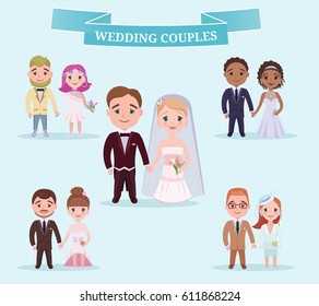 Flat wedding couples romantic set with grooms and brides in different suits and dresses isolated vector illustration 
