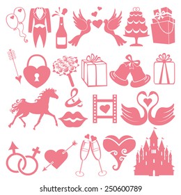 Flat wedding  icons ,symbols  for Web and Mobile.Set of  wedding items,pink silhouette.Vintage vector.Holiday infographics