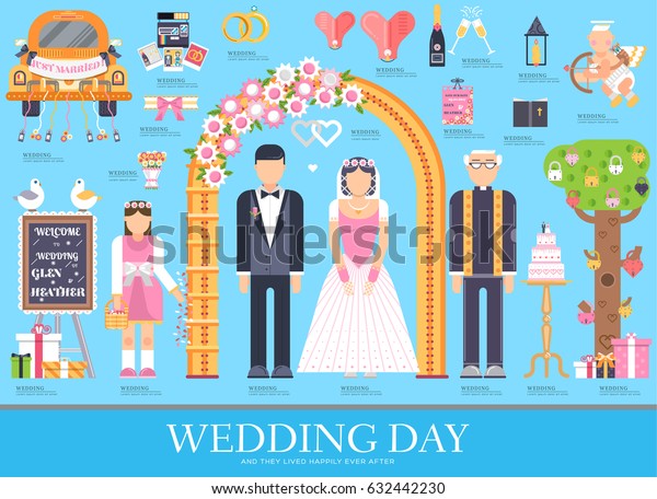 Flat wedding illustration thin line\
icon set. Vector happy marriage concept\
background