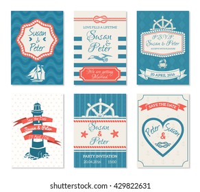 Flat wedding invitation cards set in nautical style with marine decoration of lighthouse sea waves helm elements isolated vector illustration