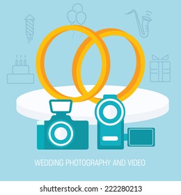 flat wedding video and photo shoot background design concept. Vector illustration 