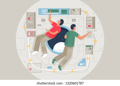 Flat weekdays space station with man cosmonaut. Concept scientists characters, laboratory with technology device. Vector illustration.
