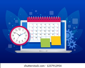 Flat weekly schedule and calendar planner organization management. Online app on laptop business workflow, time management, planning, task app, teamwork and meeting
