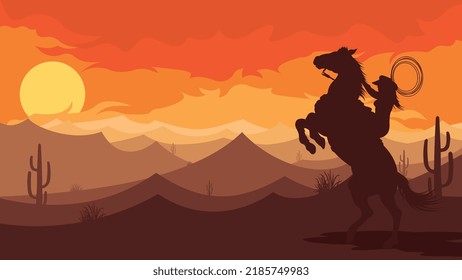 Flat western background, landscape cowboys in desert horse and girl silhouette