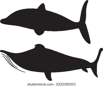 Flat whale silhouette set in white background
