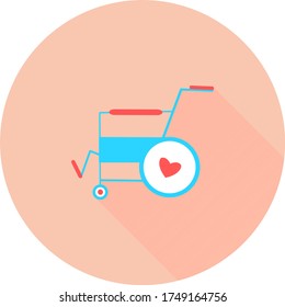 silla de ruedas plana en icono circular con sombras largas. Icono vector de silla de ruedas. Icono de silla de ruedas bonito y fielmente diseñado. silla de ruedas, minusválidos, aparcamiento de accesibilidad, señal de acceso.