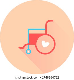 Flat wheelchair in circle icon with long shadows. Vector wheelchair icon. Attractive, beautifully and faithfully designed wheelchair Icon. Wheelchair, handicapped, accessibility parking, access sign.