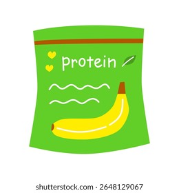 Flat whey protein supplement with banana flavor in packet isolated on white background. Healthy product for sportsman. Drinking protein powder icon.