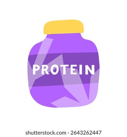 Suplemento de proteína de soro de leite plano em frasco de plástico isolado sobre fundo branco. Produto saudável para esportista. Ícone de pó de proteína de bebida.