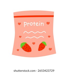 Suplemento de proteína de soro liso com sabor de morango em pacote isolado em fundo branco. Produto saudável para esportista. Ícone de pó de proteína de bebida.