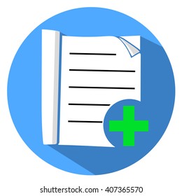 Flat white add to list icon on round blue background with shadow, design of business add icon, list plus vector icon, list add icon