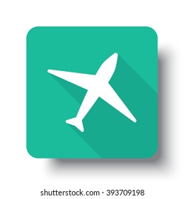 Flat white Airplane web icon on green button with drop shadow