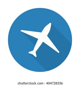 Flat white Airplane web icon with long drop shadow on blue circle