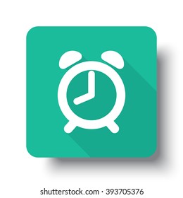 Flat white Alarm Clock web icon on green button with drop shadow