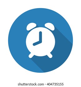 Flat white Alarm Clock web icon with long drop shadow on blue circle