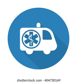 Flat white Ambulance web icon with long drop shadow on blue circle