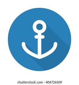 Flat white Anchor web icon with long drop shadow on blue circle