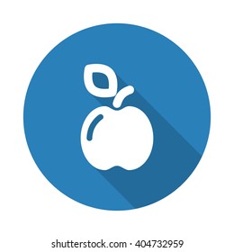 Flat white Apple web icon with long drop shadow on blue circle