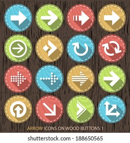 Flat White Arrow Contemporary Icons on Wood Vintage Circular Buttons on Black Background 1.