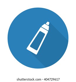 Flat white Baby Bottle web icon with long drop shadow on blue circle