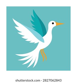 Flat of a white bird with teal wings flying against a light blue square background