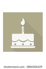 A flat white birthday cake icon featuring a single lit striped candle, wavy frosting lines, and dots, set against a muted beige square background.
