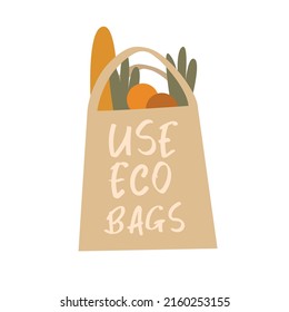 Flat White Blank Tote Bag with Food. Use eco bags. Vector illustration of Bags