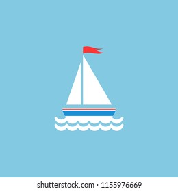 Flat white boat with sails and little waving red flag on the top. Isolated on powder blue background. Summertime marine greeting card. Blue color. Vector illustration.