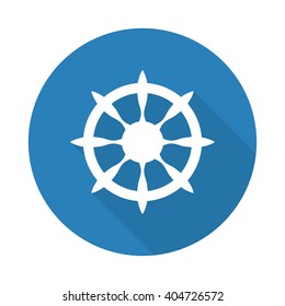 Flat white Boat Wheel web icon with long drop shadow on blue circle