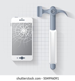 flat white broken smart phone with hammer