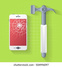 flat white broken smart phone with hammer