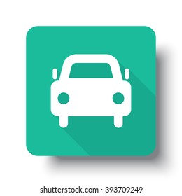 Flat white Car web icon on green button with drop shadow