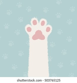 flat white cat's leg with pink paw and green paws pattern background