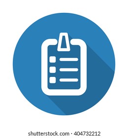 Flat white Checklist web icon with long drop shadow on blue circle