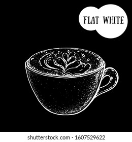 Flat white coffee cup sketch. Hand drawn illustration. Engraved vector illustration. Flat white coffee mug.