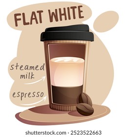 Café branco plano em xícara de papel com grãos de café. Ilustração vetorial para faixa, site, cartaz, menu. Ilustração para café, casa de café, bar, conceito de comida, receita