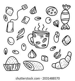 Flat white coffee set in hand drawn style, tea, coffee, macchiato in different shapes and forms in black and white color isolated on white background. Vector illustration.