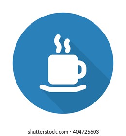 Flat white Coffee web icon with long drop shadow on blue circle